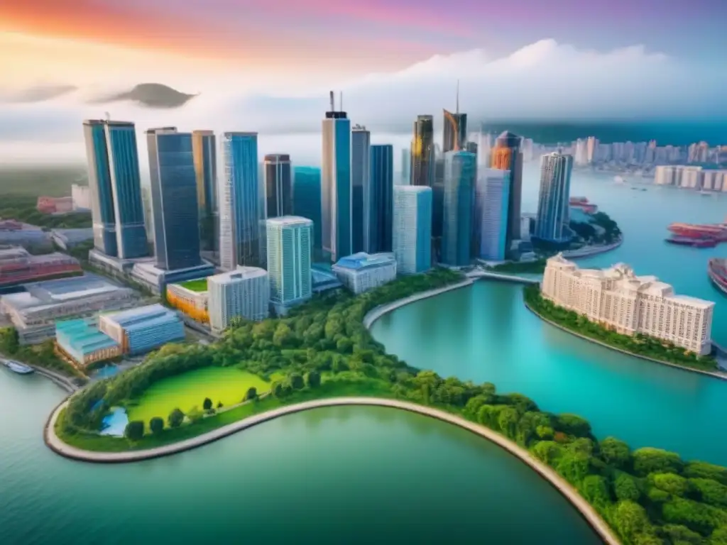 Metrópolis diversa: oportunidades en inversiones inmobiliarias Vista detallada de una ciudad diversa con rascacielos modernos, edificios históricos, parques verdes y un animado paseo marítimo, representando las ventajas de la diversificación geográfica en bienes raíces