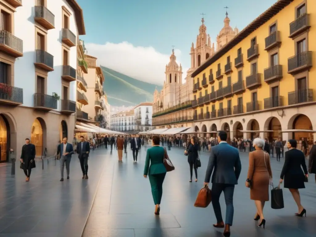 Cityscape vibrante: diversidad demográfica y mercado inmobiliario en España Vista detallada en 8k de una ciudad española bulliciosa, reflejando la demografía española y el mercado inmobiliario