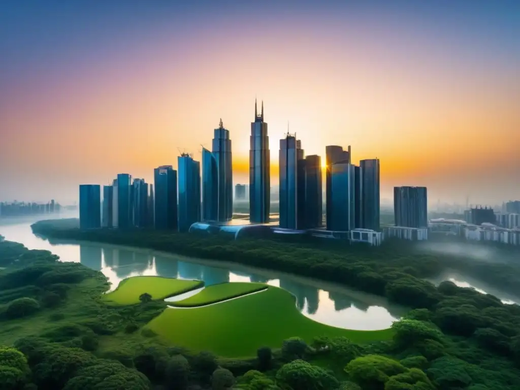 Horizonte futurista dorado de vidrio y naturaleza Vista detallada de ciudad futurista con rascacielos de vidrio reflejando atardecer dorado, rodeada de parques y agua