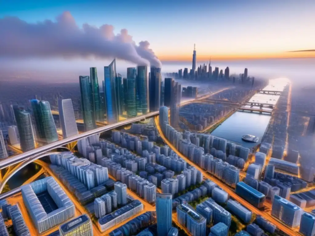 Metrópolis futurista: skyline ultramoderno y transporte avanzado Una vista detallada de una ciudad futurista con rascacielos modernos, trenes de alta velocidad y autobuses eléctricos