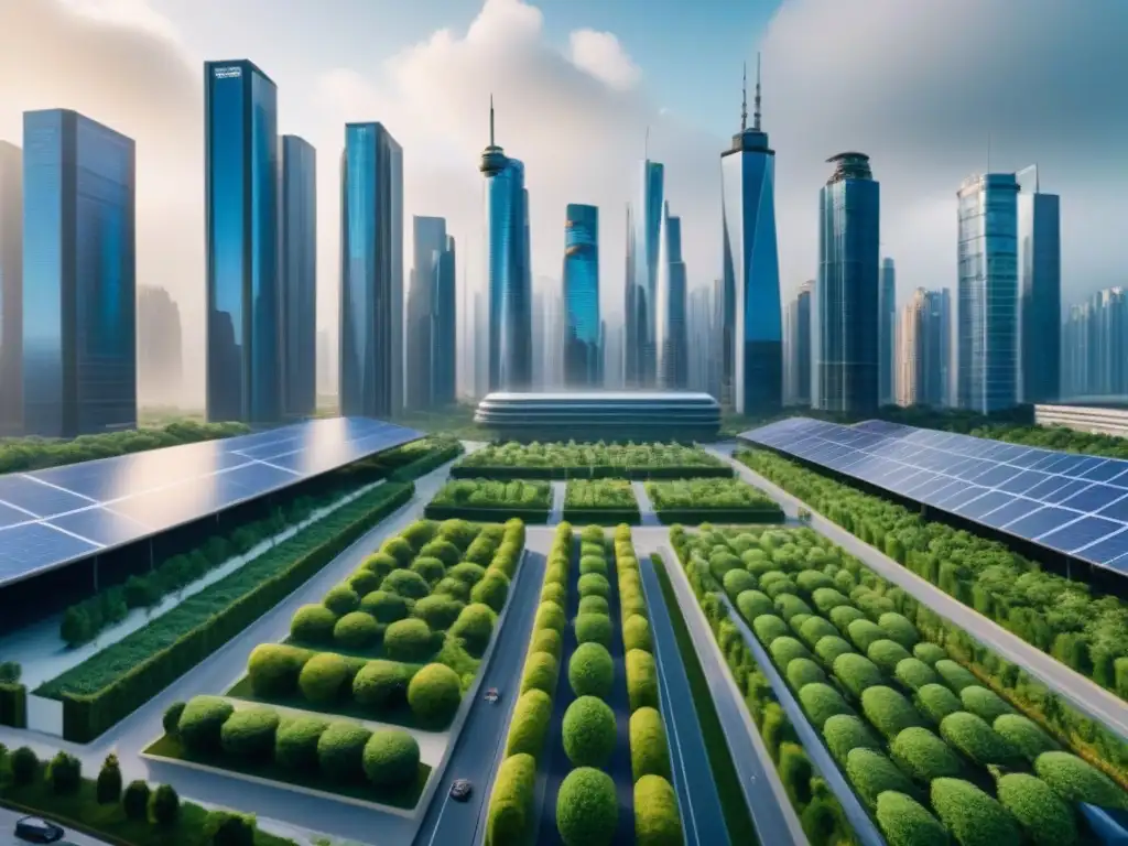 Cityscape futurista: inversión sostenible en bienes raíces Vista detallada de una ciudad futurista, armonía entre desarrollo urbano y conciencia ambiental
