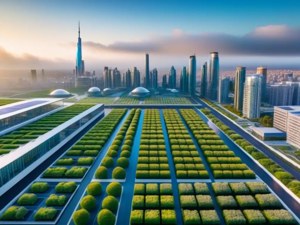 Skyline sostenible: innovación inmobiliaria en ciudad inteligente 8k Vista detallada de una ciudad futurista sostenible con propiedades inmobiliarias innovadoras y tecnología avanzada