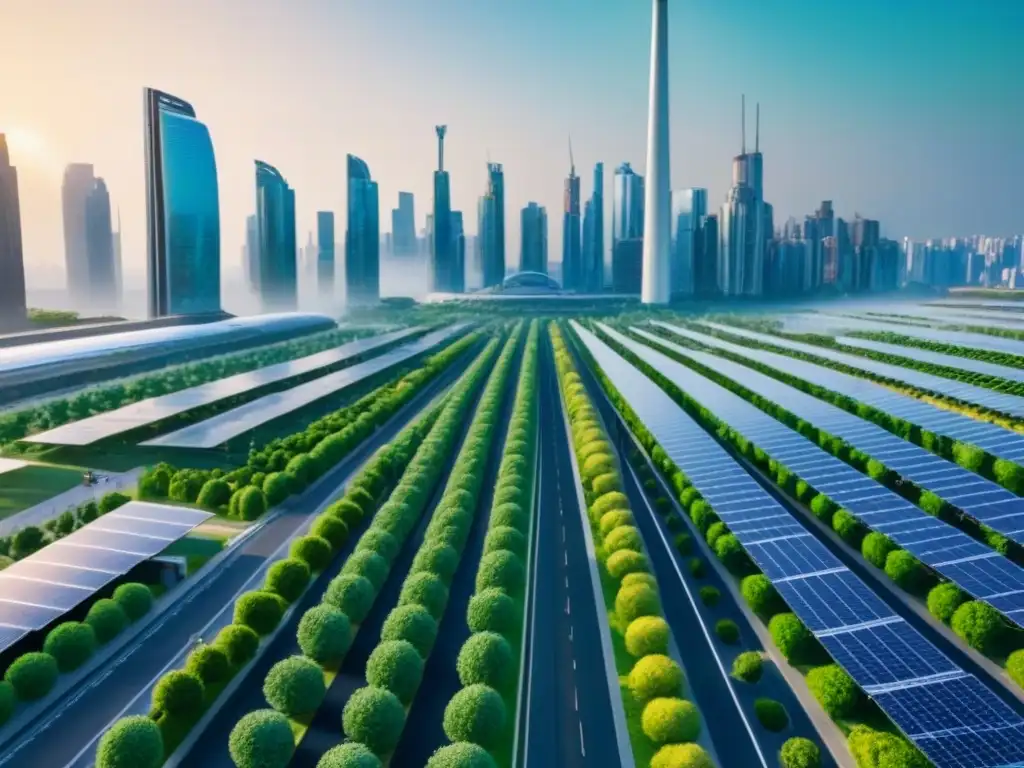 Cityscape futurista: infraestructura verde integrada en 8k Vista detallada de una ciudad futurista con infraestructura verde integrada, destacando inversiones en infraestructura verde