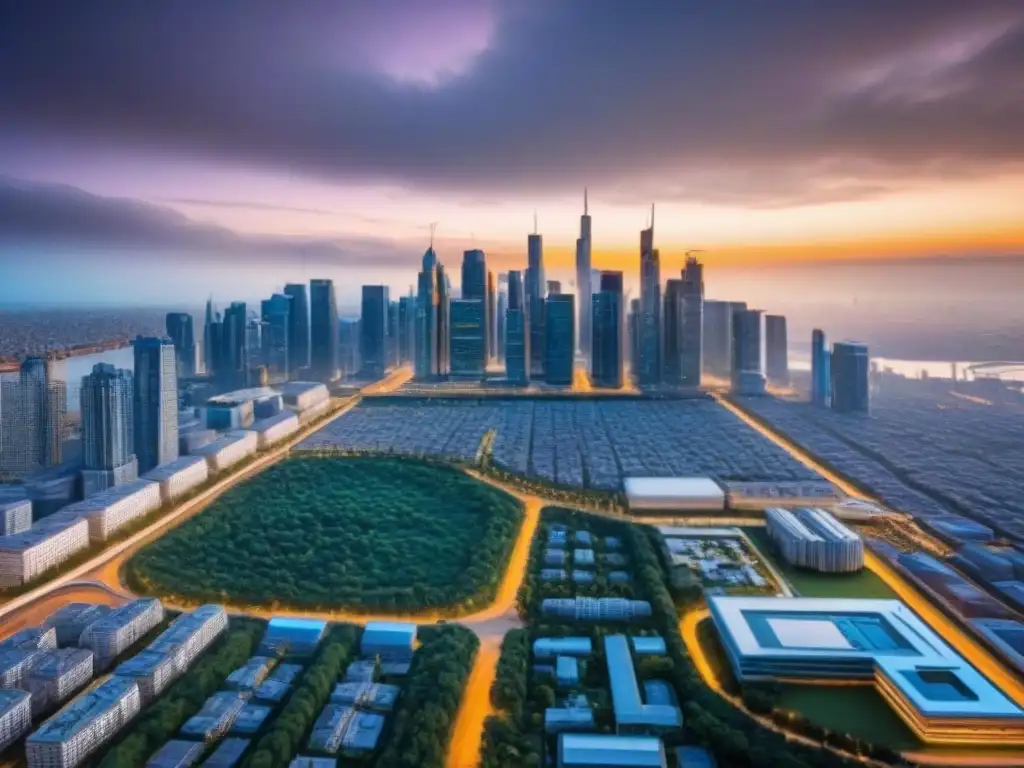 Metrópolis futurista: urbanismo sostenible y moderno en 8k Vista detallada de una ciudad futurista con normativas urbanísticas locales para compra inmobiliaria