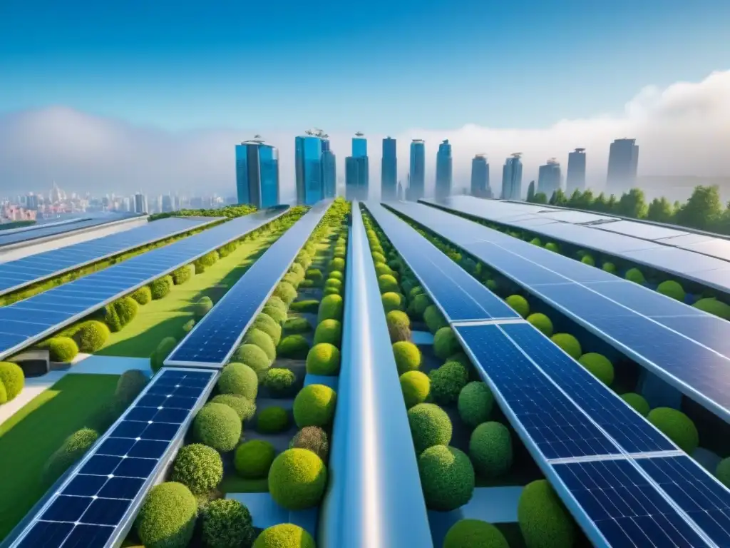 Metrópolis futurista sostenible: arquitectura verde y moderna en 8k Vista detallada de ciudad futurista con edificios sostenibles y modernos, jardines verdes y paneles solares