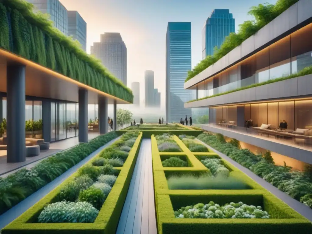 Metrópolis Biofílica: Modernidad y naturaleza en armonía Vista detallada de una ciudad futurista con espacios verdes, destacando los beneficios del diseño biofílico en espacios urbanos
