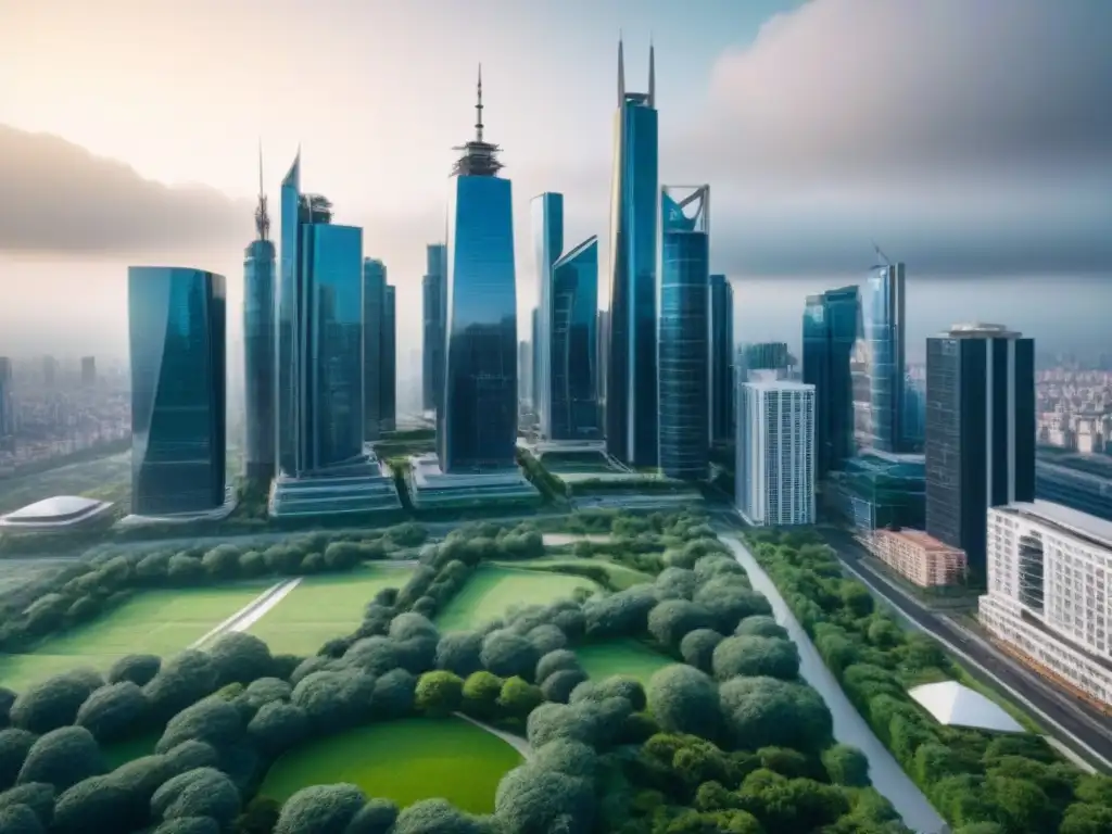 Cityscape sostenible: armonía entre desarrollo urbano y conservación Vista detallada de una ciudad moderna con rascacielos y espacios verdes, reflejando la armonía entre desarrollo urbano y conservación
