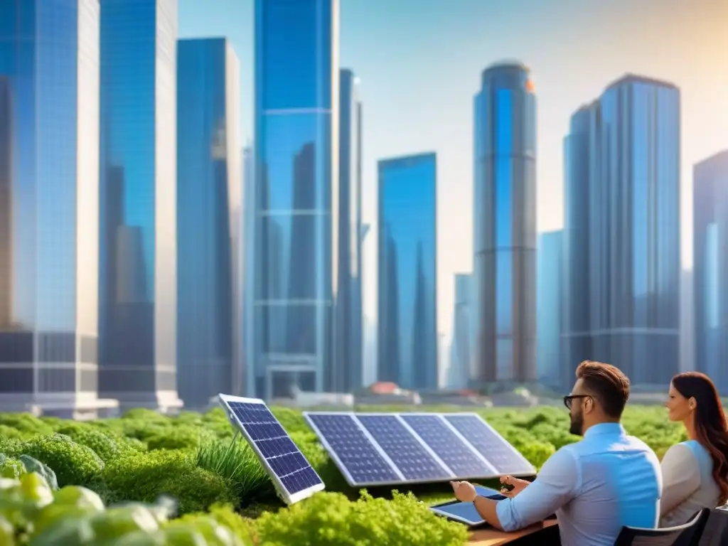 Escena urbana sostenible con profesionales y datos financieros Vista detallada de una ciudad moderna con edificios sostenibles y paneles solares, profesionales analizando datos