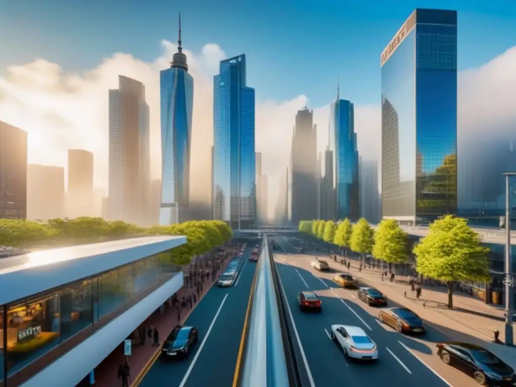 Horizonte urbano moderno en detallada imagen 8k Vista detallada de una ciudad moderna con rascacielos y una calle llena de gente y coches