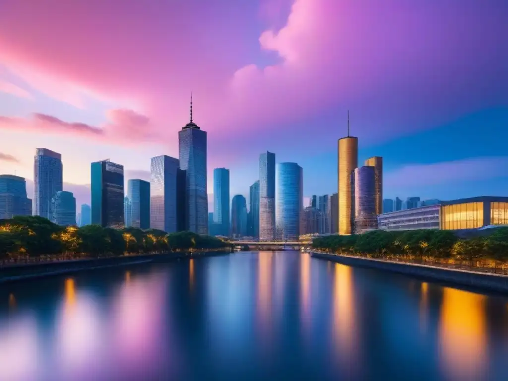 Horizonte urbano: oficinas iluminadas al anochecer en ciudad moderna Vista detallada de una ciudad moderna al anochecer, con rascacielos iluminados y reflejos dorados en el río