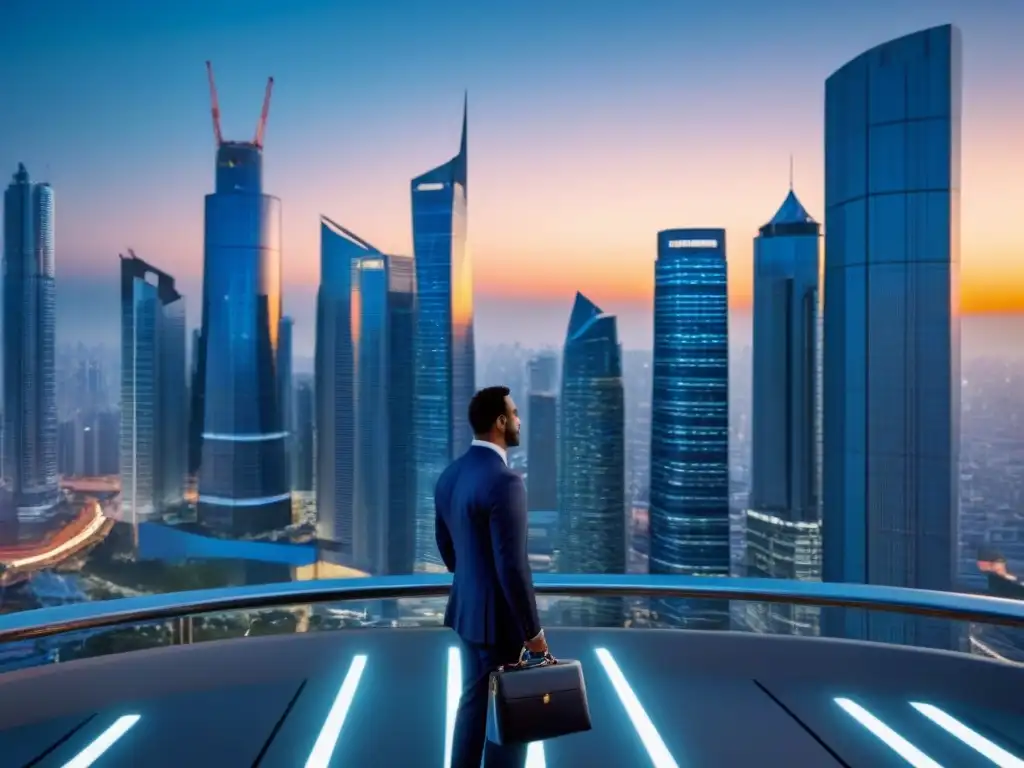 Horizonte urbano moderno al anochecer: lujo y legalidad en 8k Vista detallada de una ciudad moderna al atardecer, con rascacielos iluminados y gente elegante en la calle