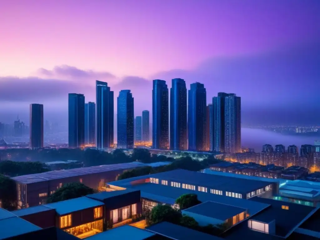 Horizonte urbano moderno al atardecer: luces y arquitectura en 8k Vista detallada de una ciudad moderna al anochecer, con edificios iluminados y luces de la ciudad, simbolizando el dinamismo del mercado inmobiliario
