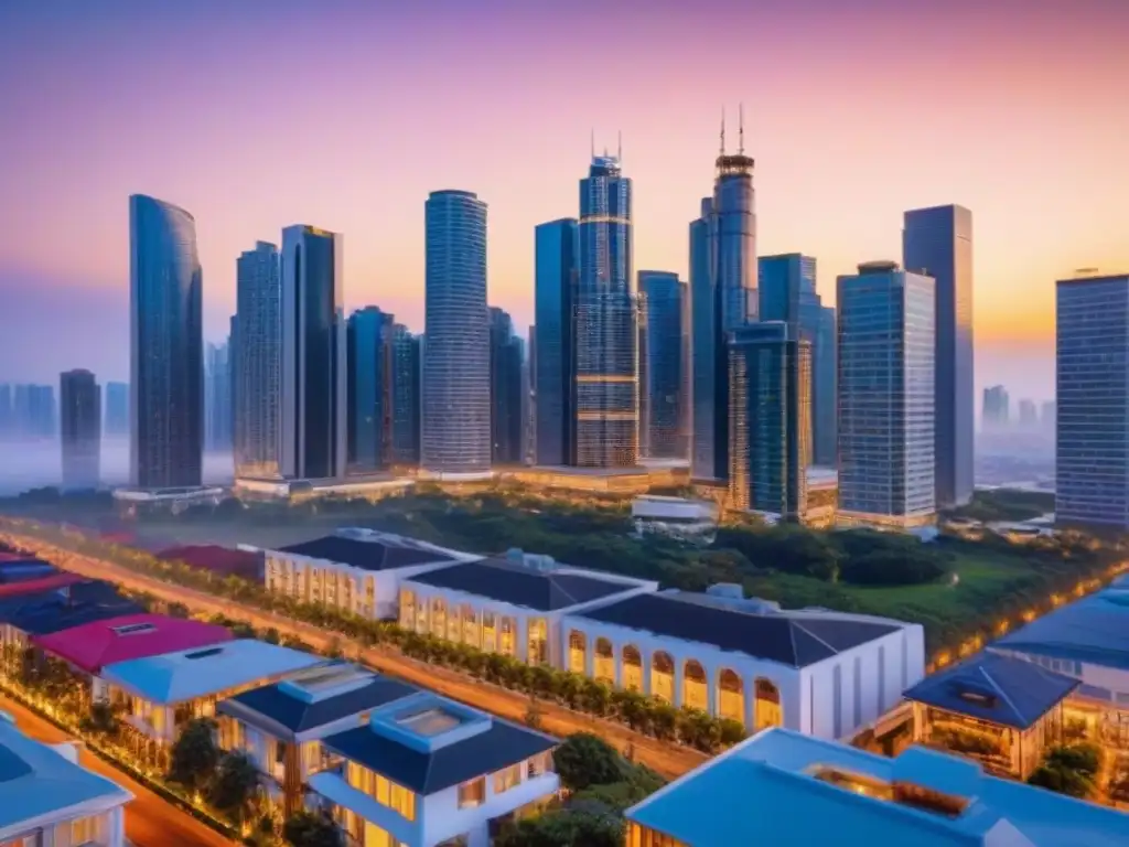 Skyline urbano: inversión inmobiliaria de lujo al atardecer Vista detallada de ciudad moderna al atardecer