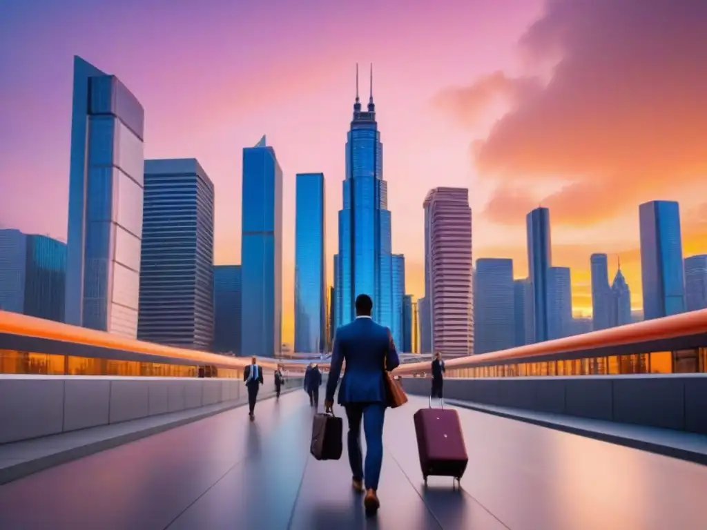Horizonte urbano al atardecer: ciudad dinámica y próspera Vista detallada de una ciudad moderna al atardecer, con rascacielos iluminados y gente de negocios
