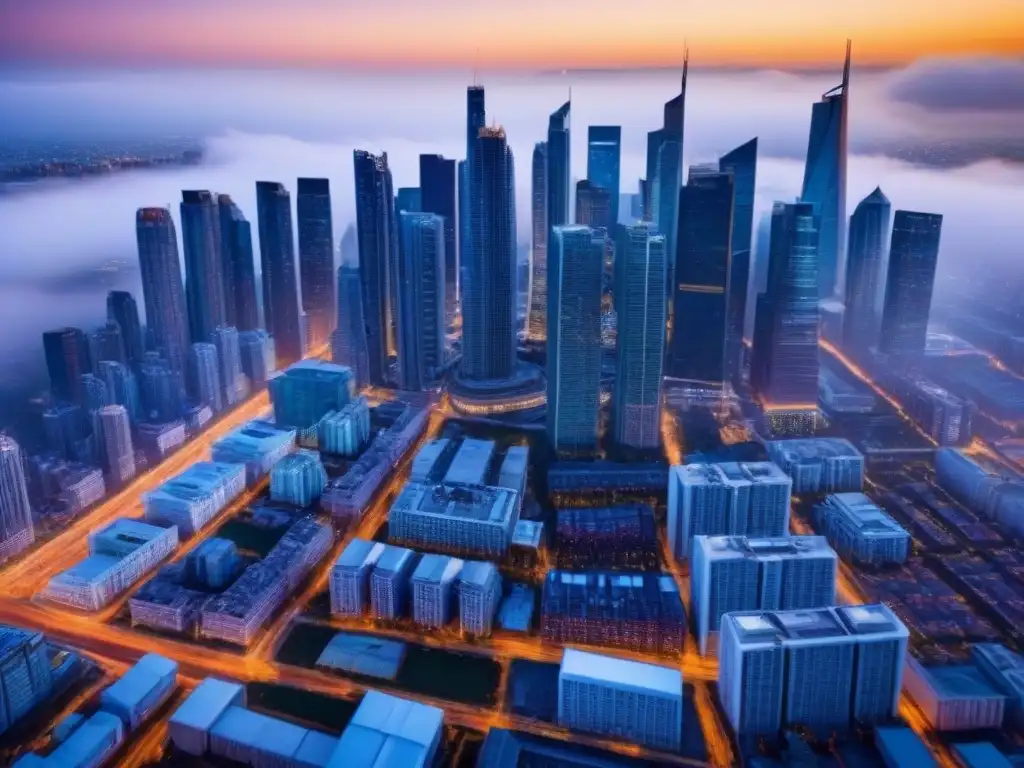 Skyline urbano en 8k: inversión inmobiliaria y valoración de propiedades Vista detallada de una ciudad moderna con rascacielos, reflejando la importancia de las tasaciones inmobiliarias en la inversión