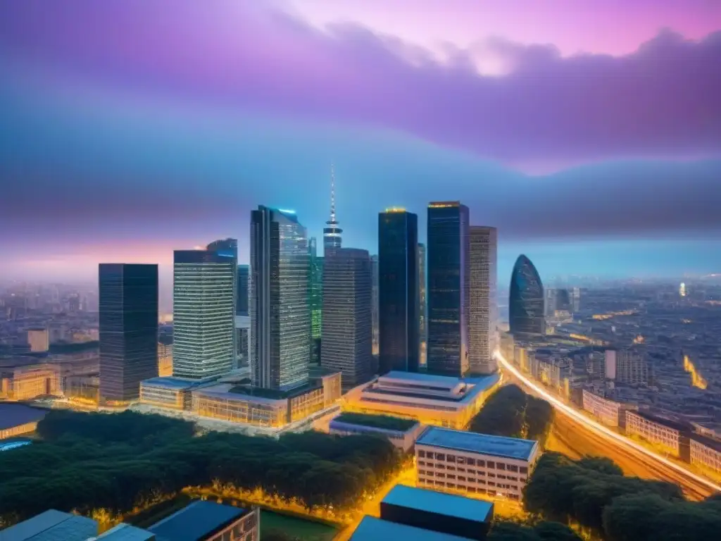Inversión inmobiliaria: skyline moderno al atardecer Vista detallada de la ciudad al anochecer con rascacielos iluminados, simbolizando el rendimiento REITs inversión inmobiliaria