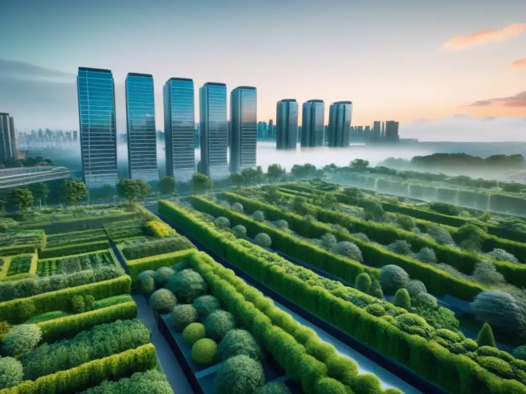 Metropolis verde: integración arquitectura-naturaleza en 8k Vista detallada de ciudad con rascacielos integrados con naturaleza