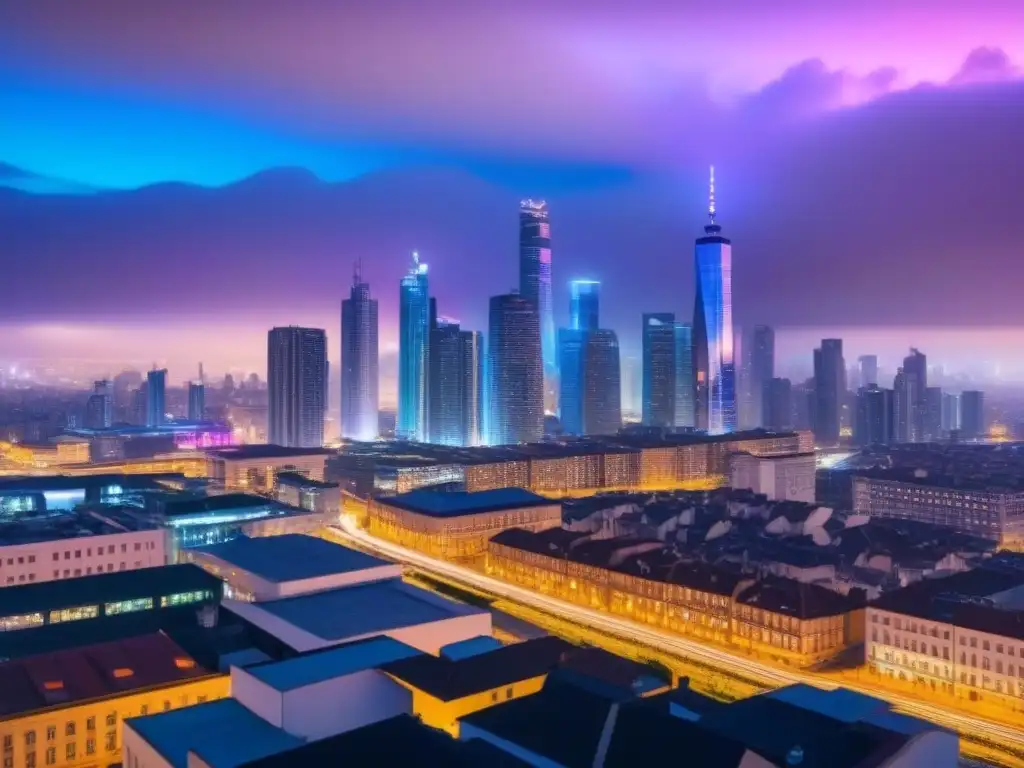 Metrópolis futurista: skyline urbano en 8k con luces neón Vista detallada en 8k de la ciudad al anochecer, con rascacielos iluminados por luces futuristas
