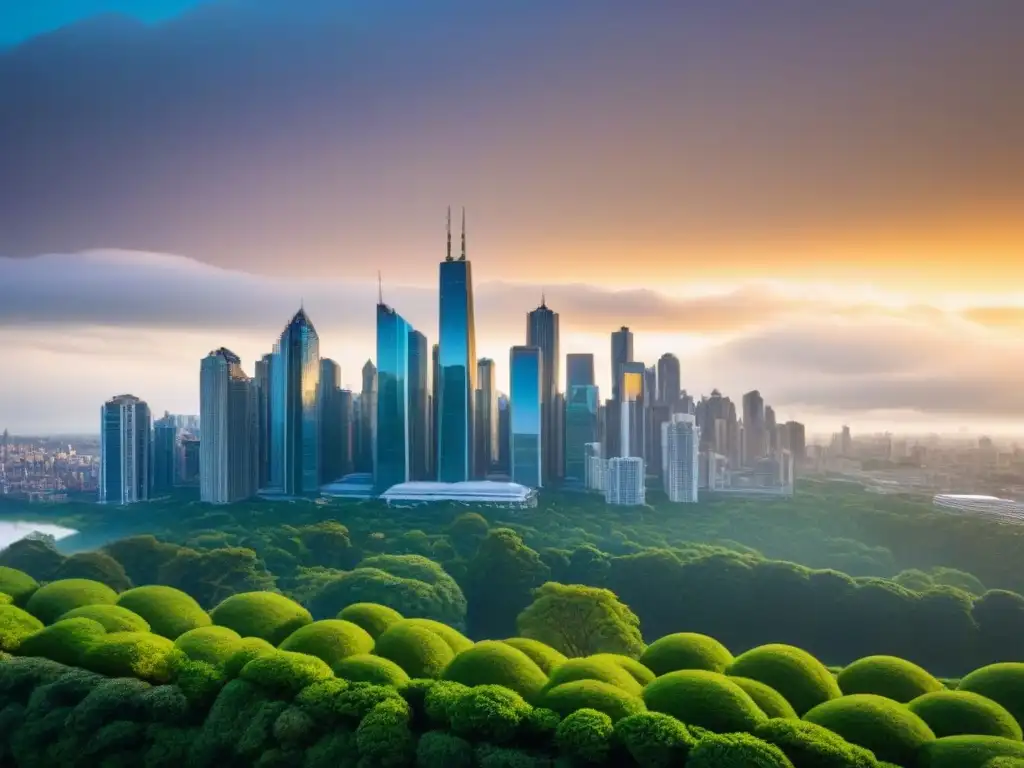 Arquitectura contemporánea en armonía con la naturaleza en la ciudad Vista detallada de ciudad sostenible con rascacielos modernos y áreas verdes, resaltando regulaciones conservación mercado inmobiliario
