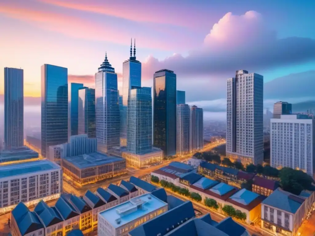 Cityscape ultramoderno en 8k: crecimiento económico vibrante al anochecer Vista detallada de ciudad ultramoderna en 8k al atardecer, reflejando el impacto de política monetaria en mercado inmobiliario
