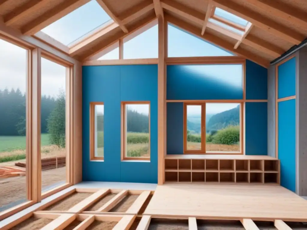 Construcción de casa pasiva: diseño moderno y sostenible Vista detallada de la construcción de una casa pasiva moderna con eficiencia energética