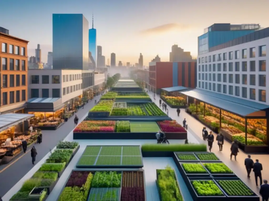 Metrópolis sostenible: innovación y colaboración en acción Vista detallada de desarrollos urbanos sostenibles economía local al atardecer
