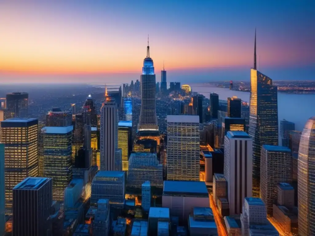 Horizonte financiero moderno en 8k: luces y sofisticación Vista detallada de un distrito financiero moderno al atardecer