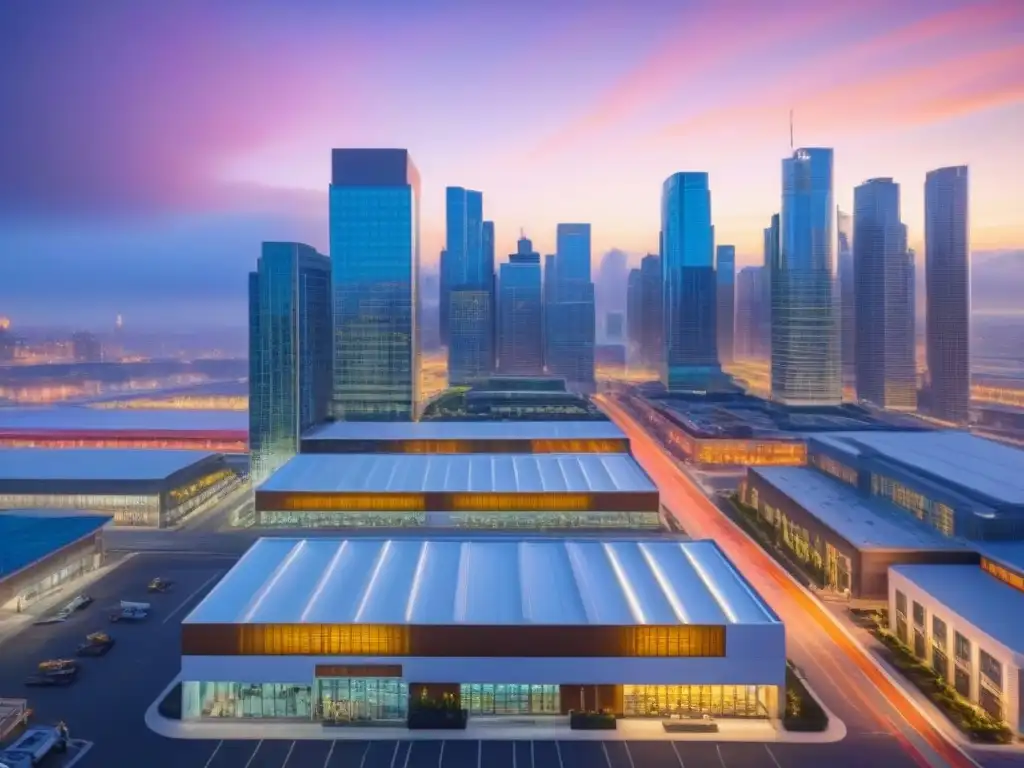 Portafolio inmobiliario diversificado: rebalanceo estratégico y modernidad Vista detallada de diverso portafolio de bienes raíces comerciales, incluyendo rascacielos modernos, centros comerciales bulliciosos y almacenes industriales contemporáneos, equilibrados estratégicamente para transmitir el concepto de rebalanceo de cartera
