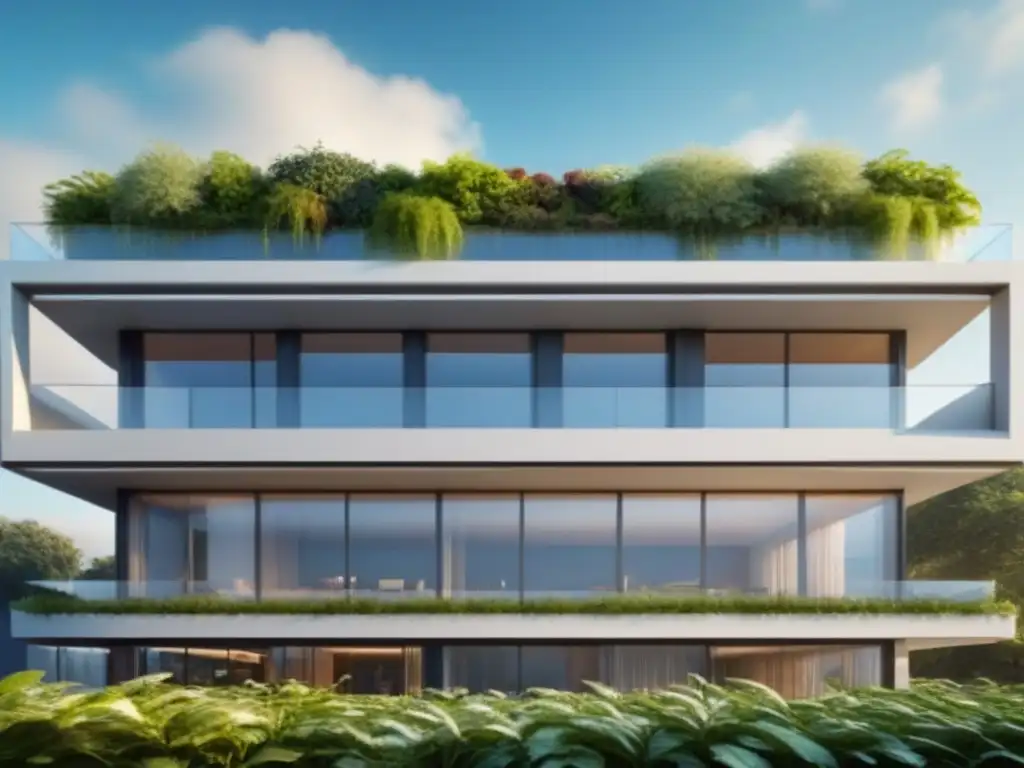 Edificio bioclimático ultrarrealista: diseño ecoamigable Vista detallada de un edificio bioclimático moderno, integrando diseño ecofriendly y sostenible