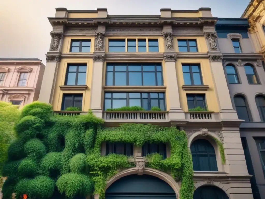 Renovación histórica: fusión moderna en edificio emblemático Vista detallada de edificio histórico renovado con elementos arquitectónicos modernos, representando la modernización de espacios históricos