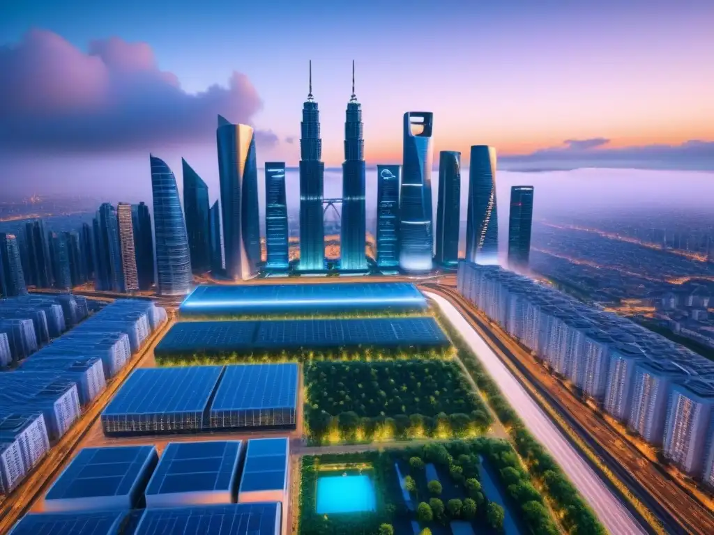 Horizonte futurista: Ciudad inteligente y sostenible en 8k Vista detallada de una futurista ciudad inteligente al anochecer, con rascacielos verdes y sistemas de transporte avanzados, mostrando eficiencia y sostenibilidad en el mercado inmobiliario de ciudades inteligentes
