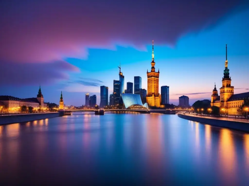 Panorama nocturno de Varsovia: símbolo del crecimiento económico en Polonia Vista detallada de Varsovia al anochecer, destacando el Palacio de Cultura y Ciencia iluminado