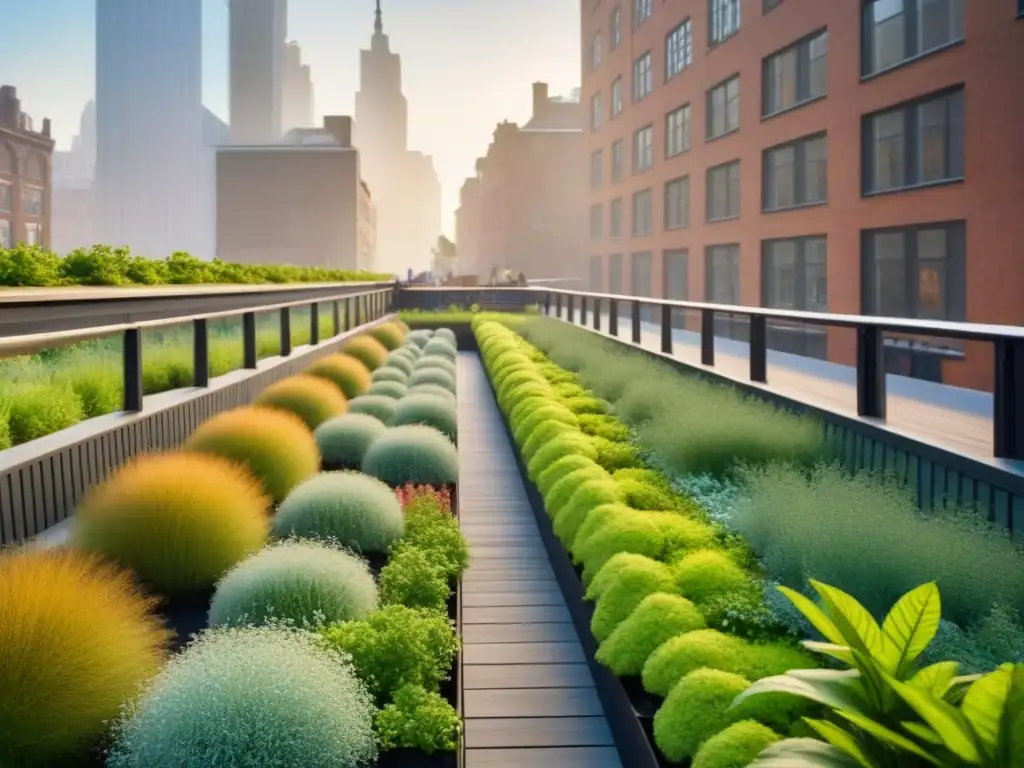 Parque High Line de Nueva York: oasis urbano y diseño moderno Vista detallada del Parque High Line en Nueva York, fusionando naturaleza y diseño moderno en desarrollos urbanos sostenibles mercado inmobiliario