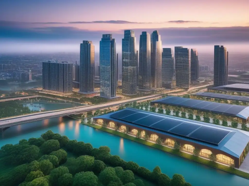 Portafolio inmobiliario diversificado: una ciudad moderna interconectada Una vista detallada de un portafolio inmobiliario diverso en una ciudad moderna, representando estrategias de diversificación de bienes raíces