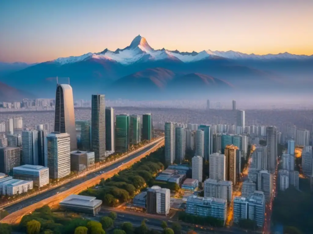 Vista detallada de Santiago, Chile: rascacielos, montañas y bullicio urbano Vista detallada de Santiago, Chile, con rascacielos y la Cordillera de los Andes al fondo