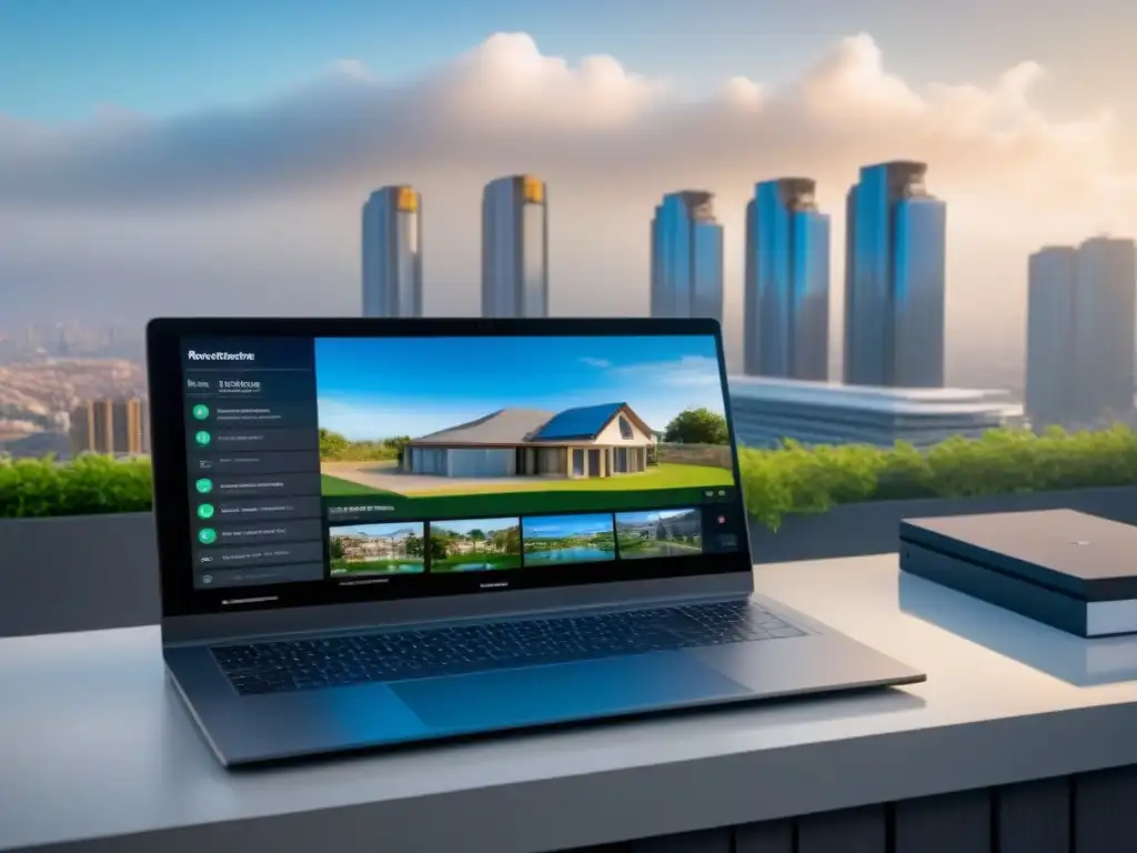 Monitoreo ambiental futurista en inmueble inteligente Vista detallada de un sistema de monitoreo ambiental futurista en propiedad inmobiliaria inteligente