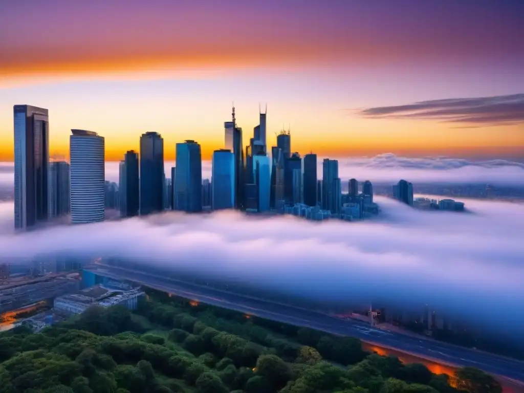 Esplendor urbano: skyline de rascacielos al atardecer Vista dorada de la ciudad moderna con rascacielos altos reflejando la luz del atardecer, identificar sectores nicho mercado inmobiliario