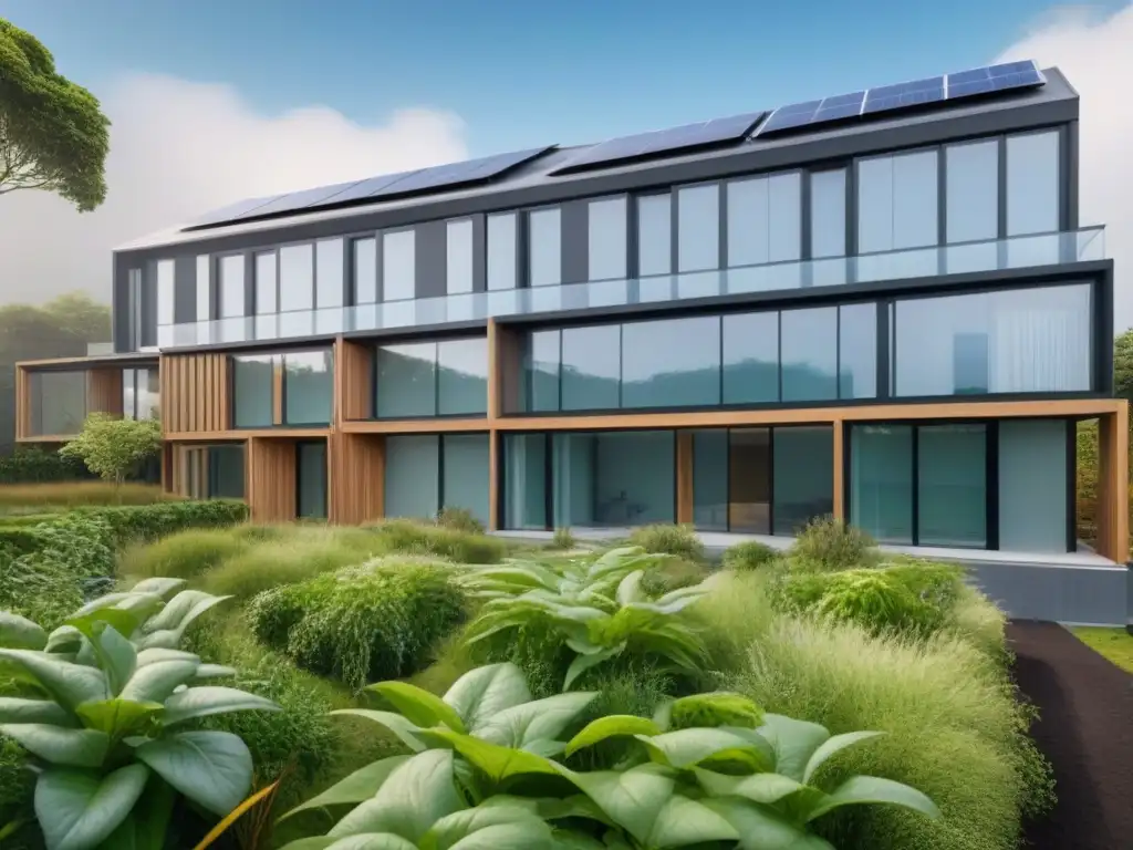 Edificio sostenible: diseño innovador en entorno verde Vista de edificio sostenible rodeado de naturaleza, con paneles solares y sistema de captación de agua