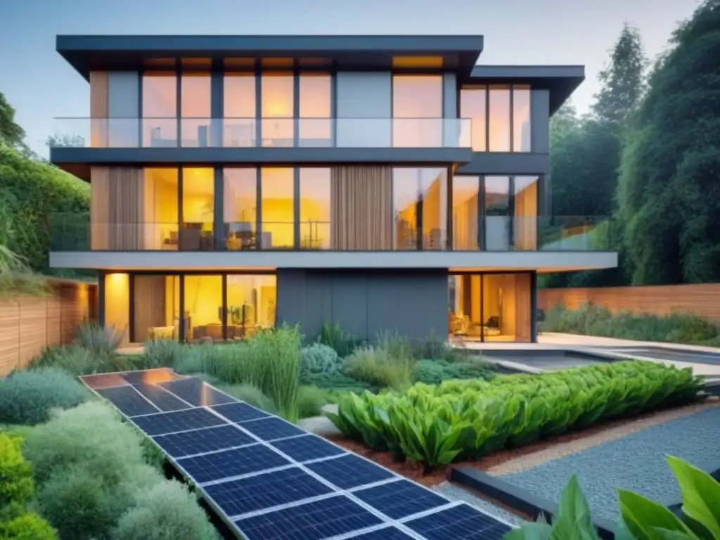 Edificio sostenible con paneles solares y jardín ecológico Vista de un edificio verde sostenible con paneles solares, jardín nativo y sistema de recolección de agua pluvial