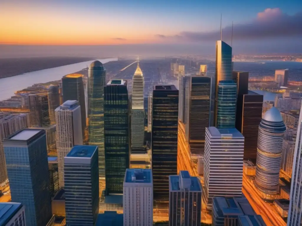 Horizonte urbano: inversión en comercial real estate en la ciudad Vista espectacular de un distrito empresarial lleno de rascacielos