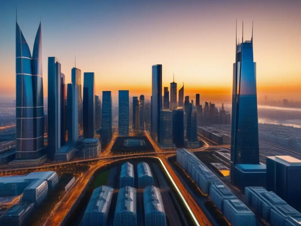 Metrópolis futurista: inversión inmobiliaria evolutiva en la ciudad moderna Vista de la evolución de Fondos de Inversión Inmobiliaria en una ciudad futurista al atardecer