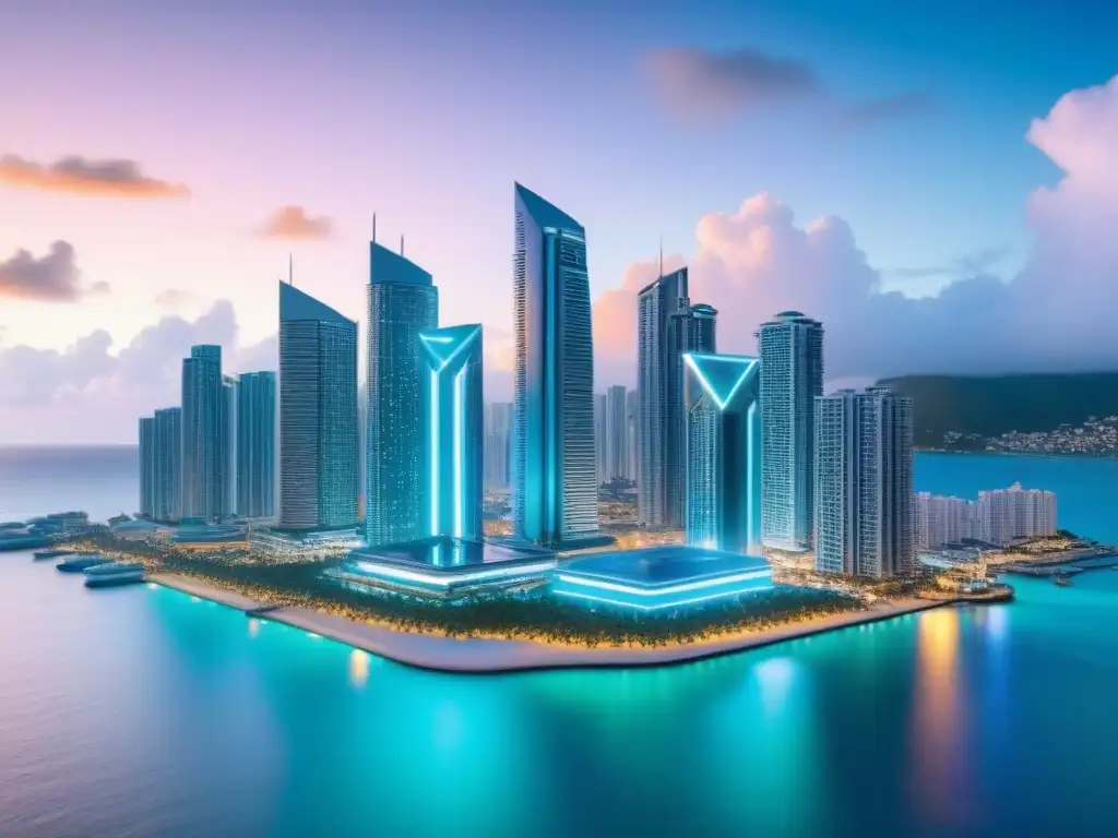 Horizonte futurista caribeño con tecnología blockchain Vista futurista de ciudad caribeña con tecnología blockchain en transacciones inmobiliarias