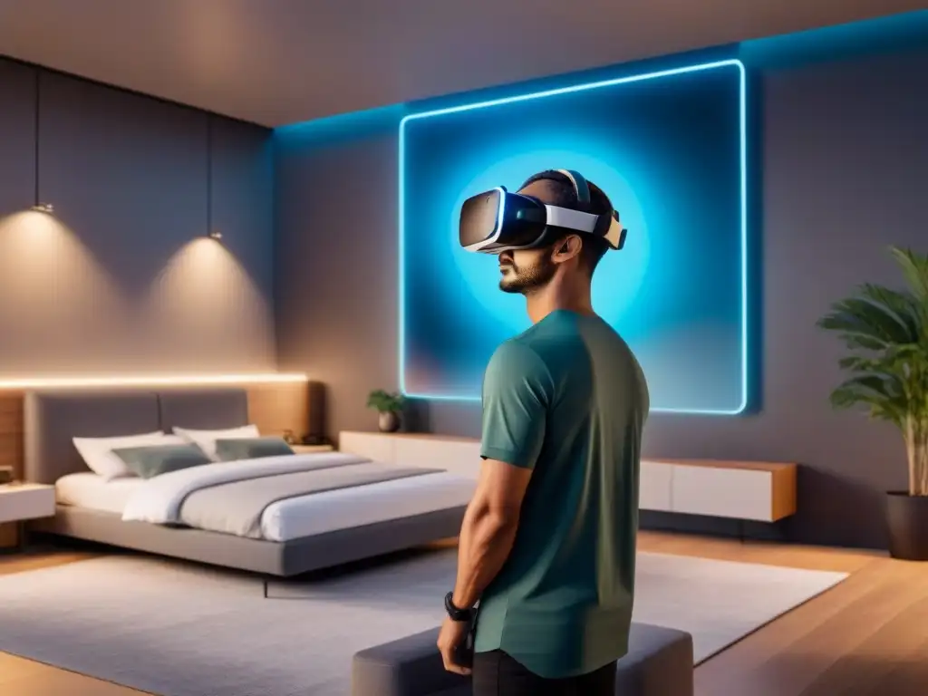 Futuro inmersivo: VR de lujo con apartamento virtual holográfico Una vista futurista de casco de realidad virtual con apartamento virtual de lujo
