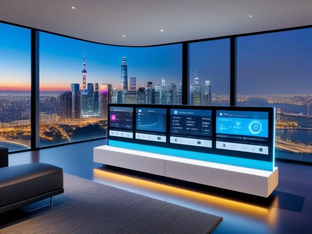 Centro de control inteligente en casa futurista con vista panorámica Vista futurista de un centro de control domótico en un hogar inteligente con una ciudad moderna al fondo