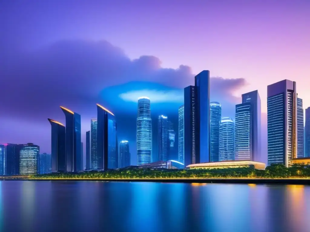 Horizonte futurista: luces neón en ciudad en equilibrio con naturaleza Vista futurista de la ciudad al anochecer, mezclando arquitectura moderna con naturaleza