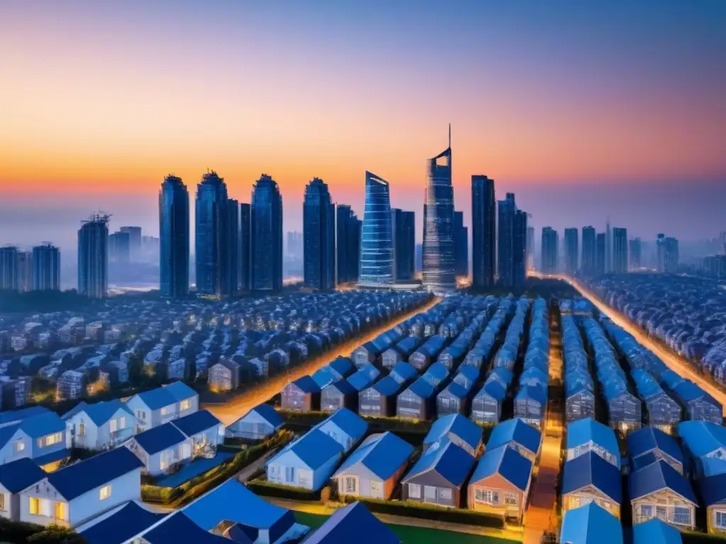 Metrópolis futurista al atardecer: innovación en bienes raíces Vista futurista de la ciudad al atardecer, con rascacielos brillantes reflejando los últimos rayos del sol