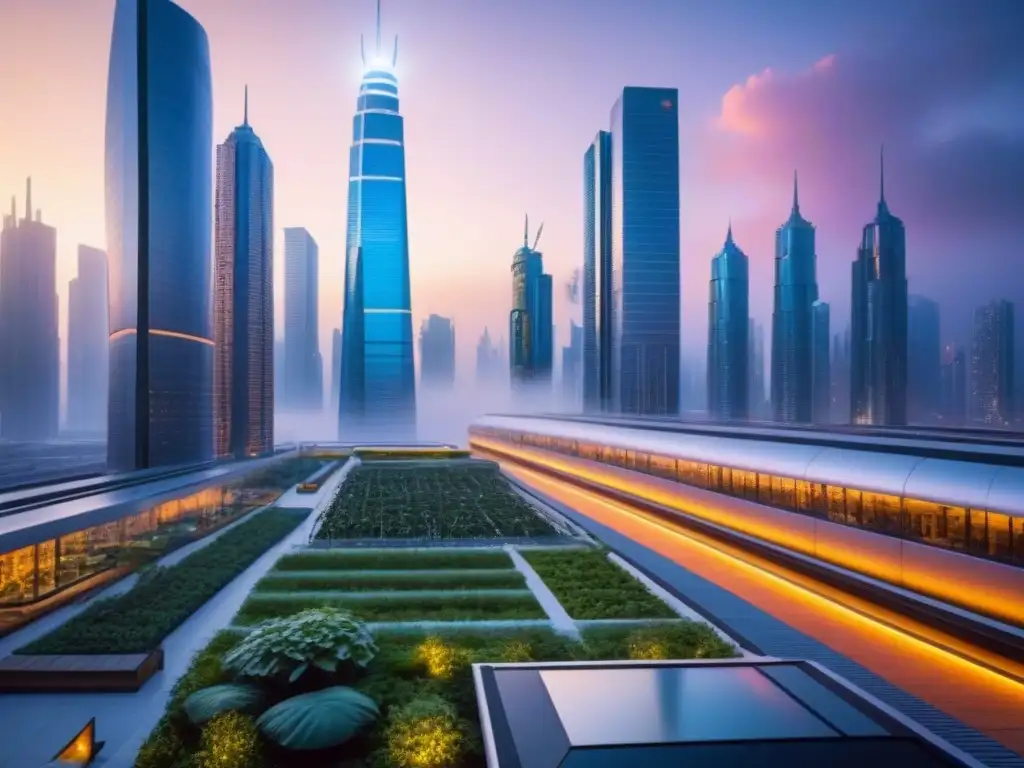 Metrópolis futurista: arquitectura sostenible al atardecer Vista futurista de una ciudad al atardecer con arquitectura innovadora y diseño sostenible