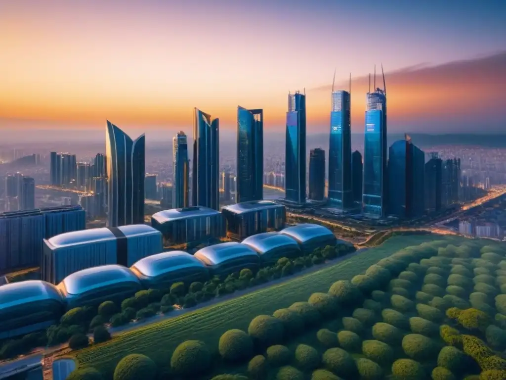 Horizonte futurista en 8k: arquitectura innovadora y naturaleza en armonía Vista futurista de una ciudad al atardecer con rascacielos iluminados por una cálida luz dorada