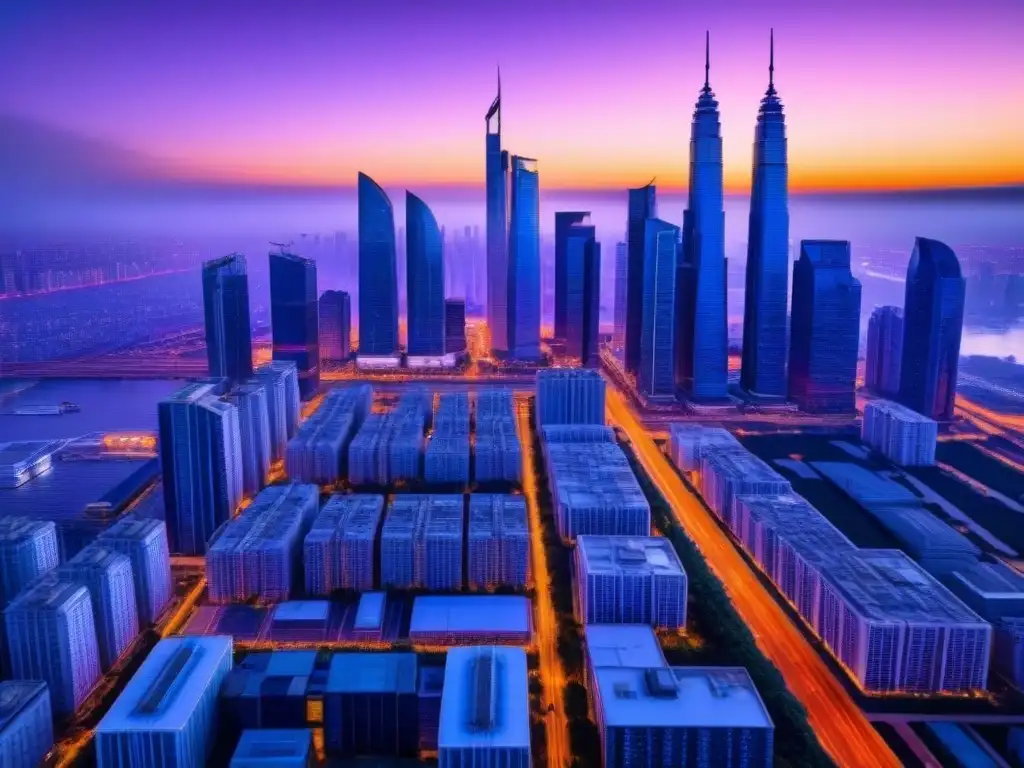 Metrópolis futurista al atardecer: inversión inmobiliaria avanzada Vista futurista de la ciudad al atardecer con rascacielos y sistemas de transporte avanzados