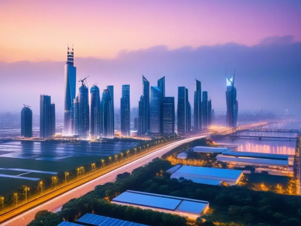 Visión futurista de ciudad sostenible al anochecer Vista futurista de la ciudad al atardecer con infraestructuras avanzadas y financiamiento proyectos preservación infraestructuras